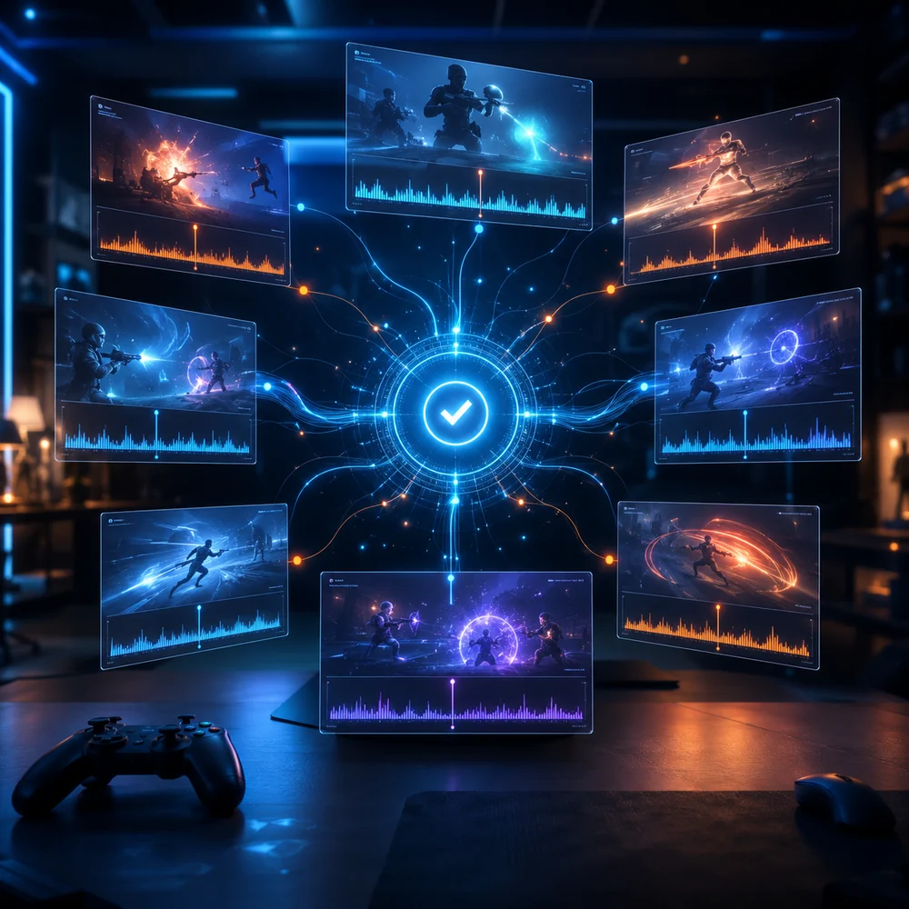 Abstract AI system selecting the strongest gaming moments from multiple stream clip frames