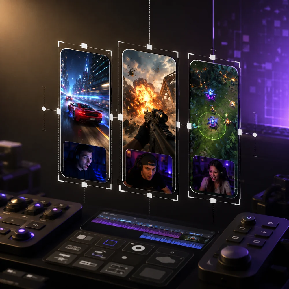 Vertical gaming clip panels prepared for social media export from a Twitch VOD