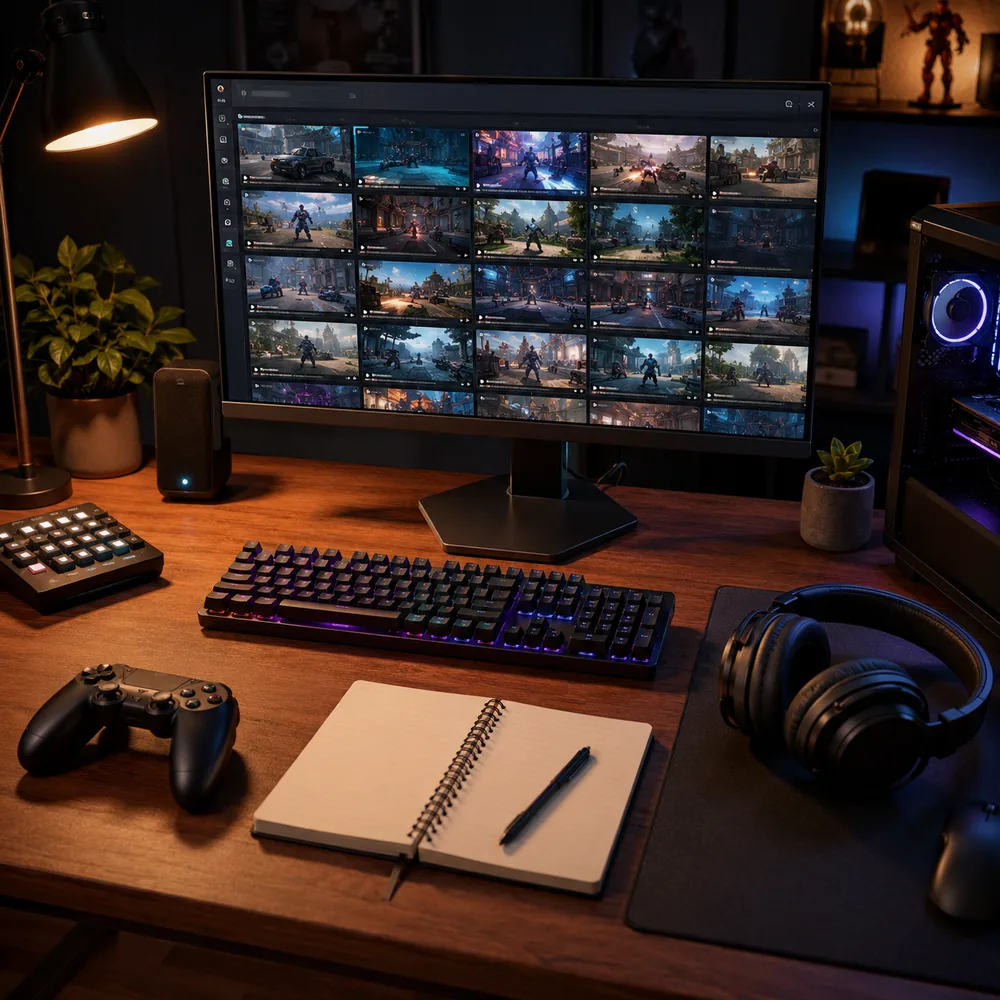 Gaming creator desk with abstract clip thumbnails and recording gear arranged for review