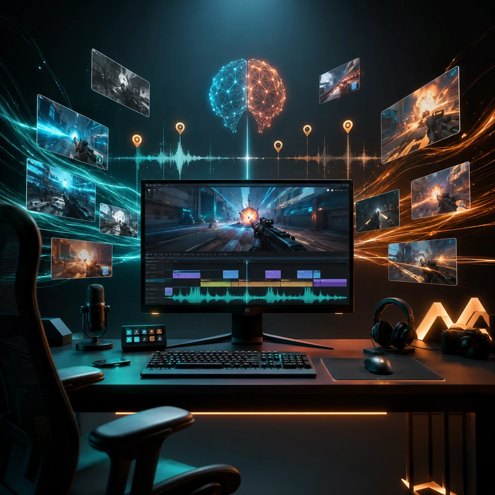 Abstract AI gaming clip editing scene with floating video frames and highlight markers