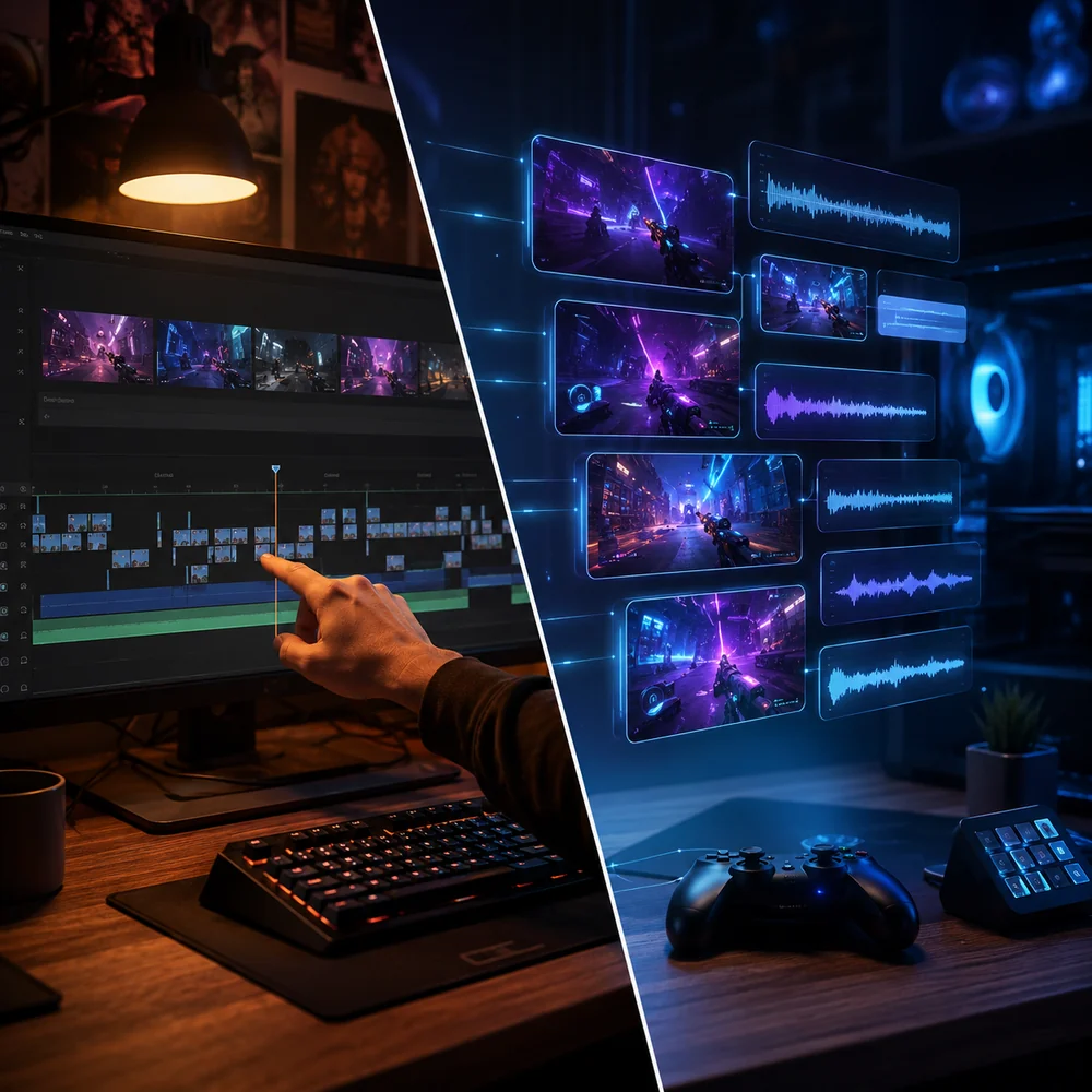 Split scene showing manual video clipping beside automated gaming clip organization
