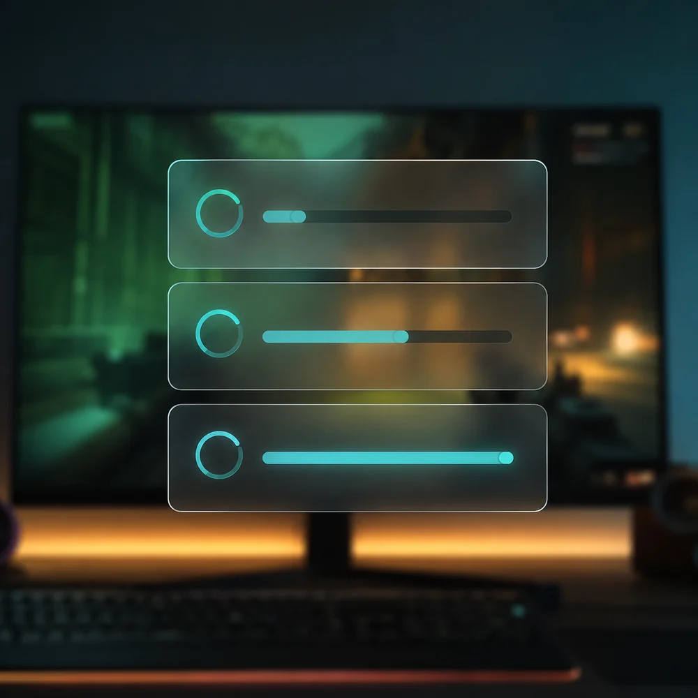 Abstract translucent settings panel with sliders floating in front of a blurred gaming screen, representing instant replay buffer options