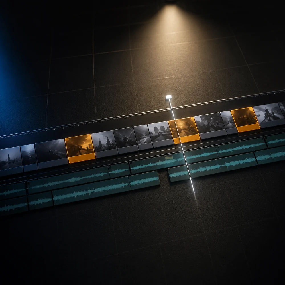 Stylized editing timeline with highlighted highlight segments, a glowing playhead and audio waveforms on a dark surface