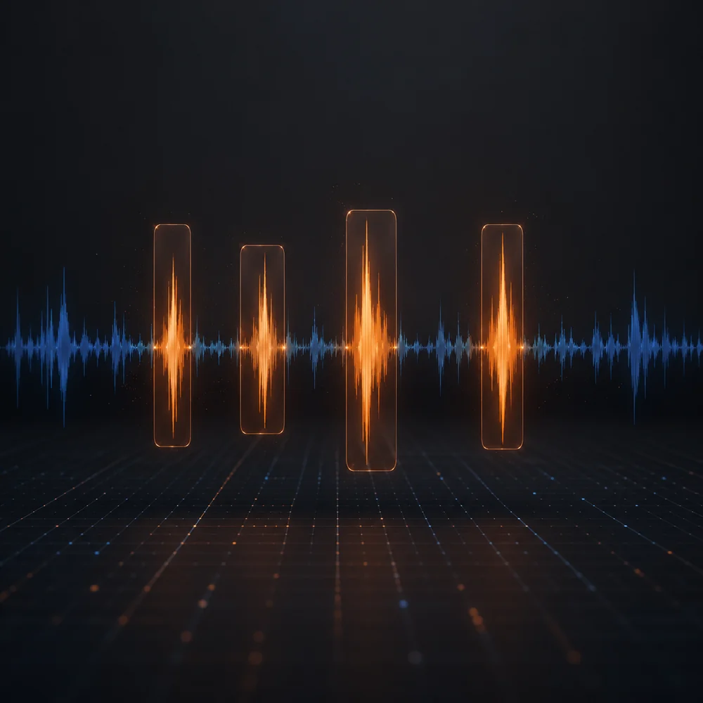 Abstract audio waveform on a dark background with orange spikes highlighted inside rounded selection boxes