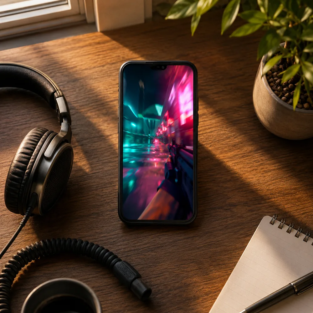 Overhead view of a smartphone on a desk playing a blurred vertical gameplay clip beside headphones and a notepad