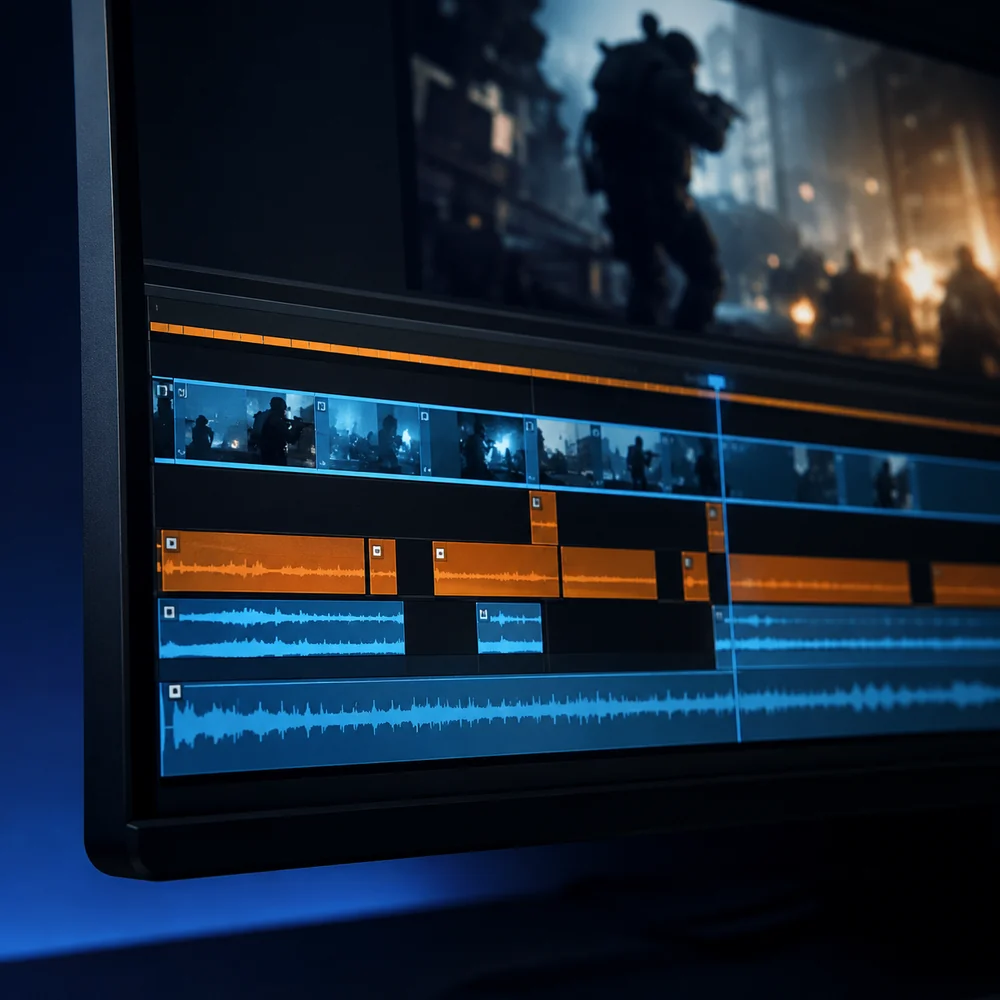 Macro view of an editing timeline with unlabeled clip blocks and audio waveforms beside a blurred gameplay preview panel