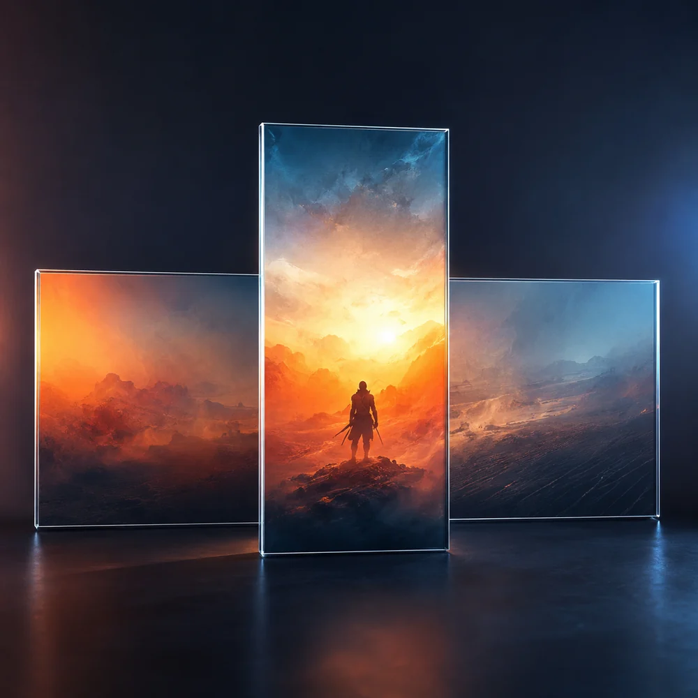 Conceptual render of a wide horizontal panel behind a tall vertical panel showing a tighter crop of the same abstract gameplay scene