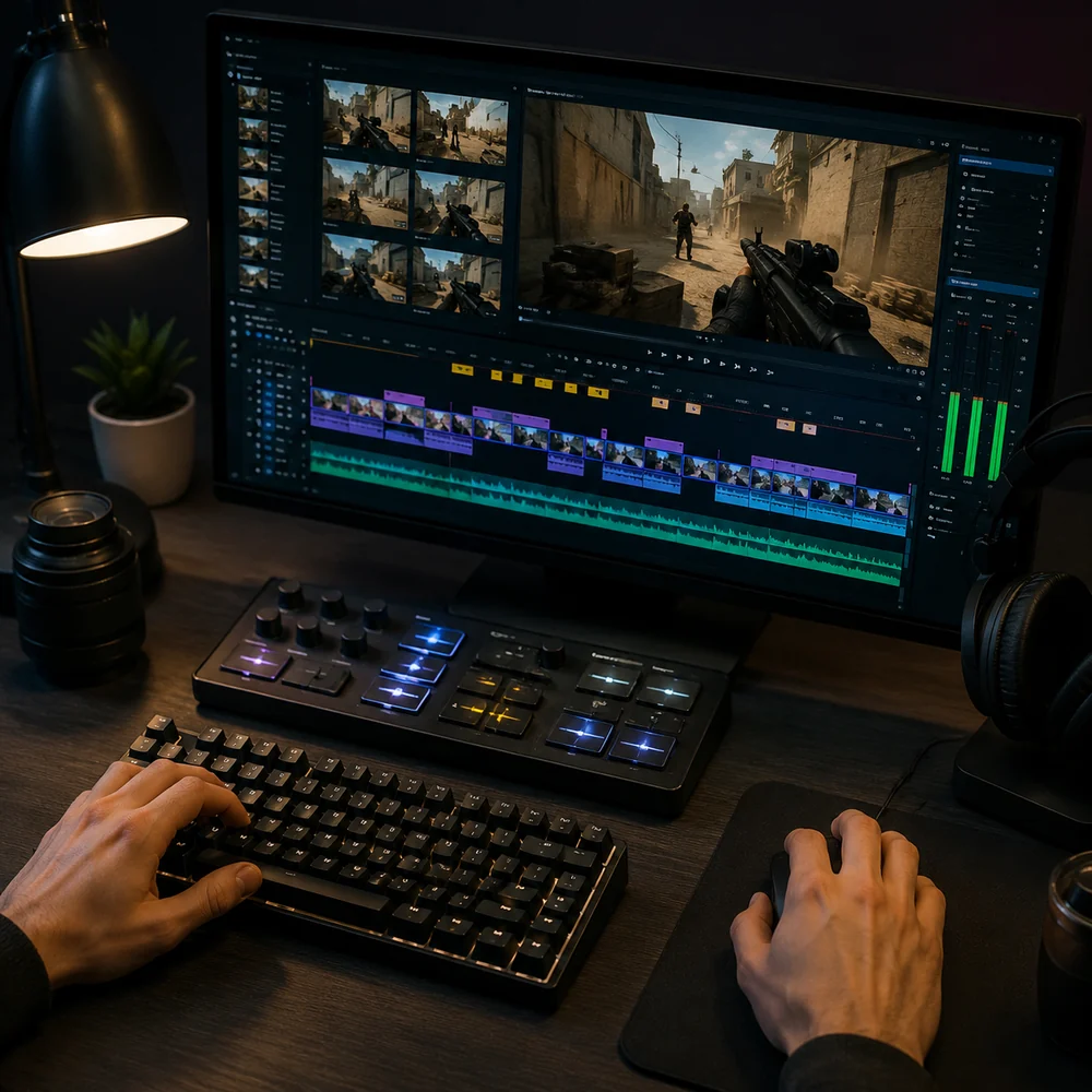 Close-up of a gaming highlight editing timeline with abstract clip segments