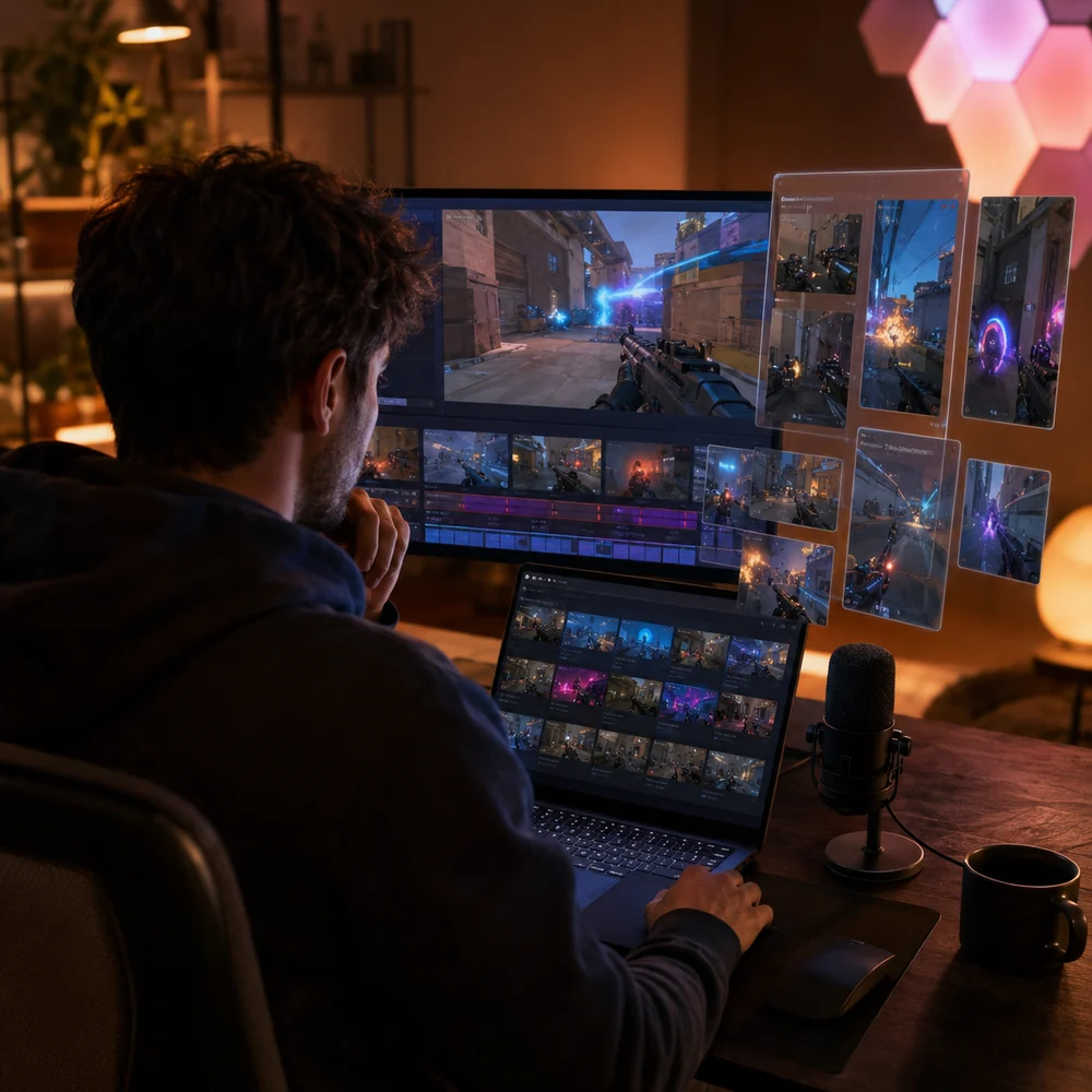 Creator reviewing abstract saved shooter gameplay clips for short-form posts