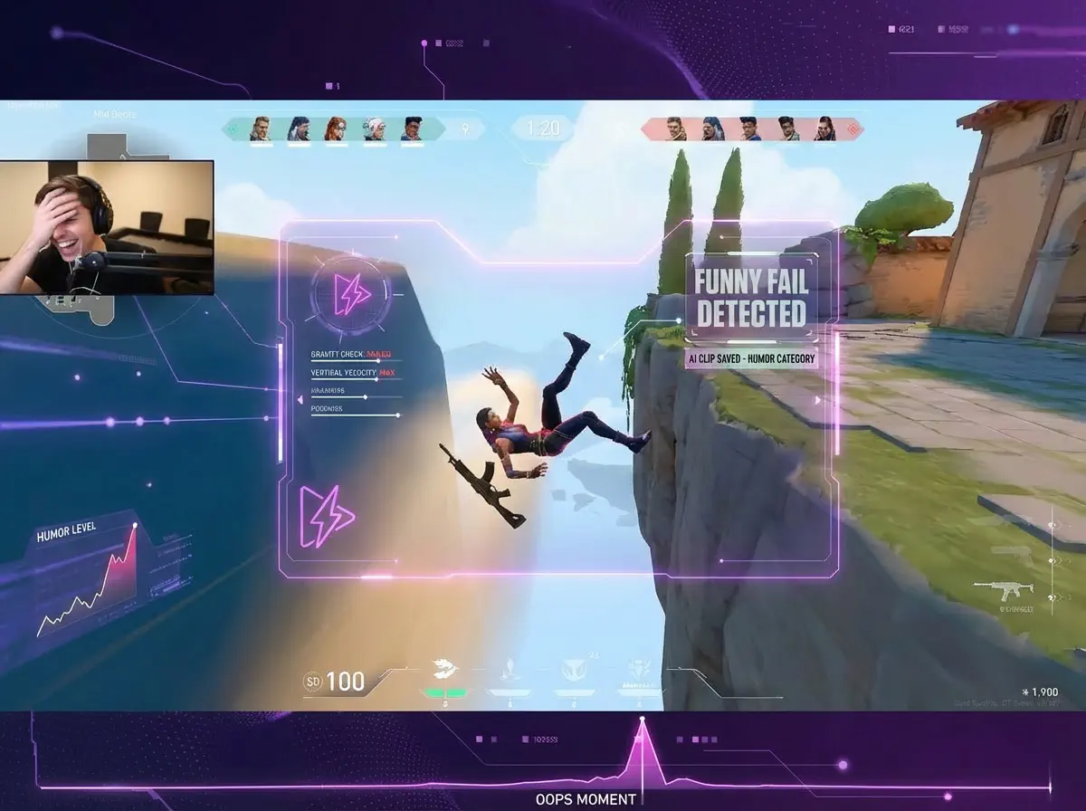 AI detecting unexpected funny highlights, epic fails, and hilarious gaming moments for TikTok viral clips