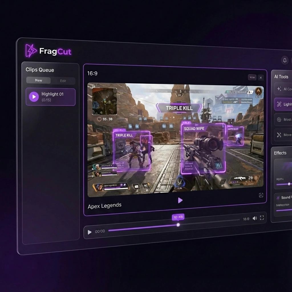 FragCut AI-powered gaming clip dashboard showing automated video editing interface